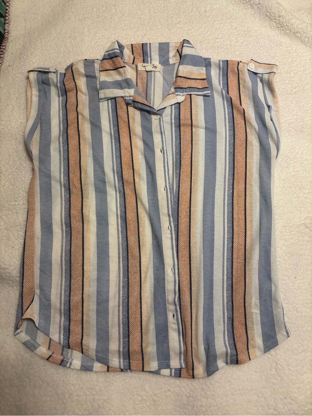 Love and Joy Lightweight Striped Button-Up Top in Blue and Tan